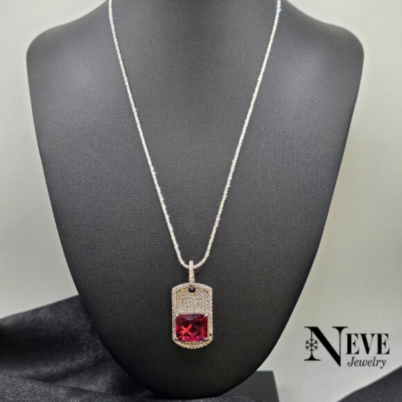 Sterling Silver 925 Italian Twisted Roc Iced-out Pendant Red CZ Dog Tag Necklace